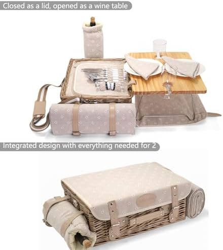 Multifunctional Wicker Picnic Basket Set for 2 with Blanket and Picnic Table, Insulated Picnic Set with Full Tablewares for Camping Outdoor Couples, Flowers - Image 2