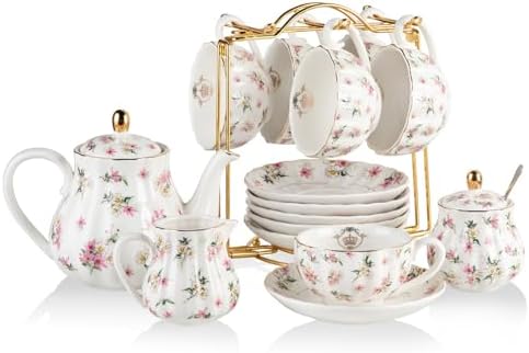 Porcelain Tea Sets British Royal Series, 8 OZ Cups & Saucer Service for 6, with Teapot Sugar Bowl Cream Pitcher Teaspoons and Tea Strainer, Suitable for High Tea, Wedding, Party（Spring Flowers） by Sweejarco1949