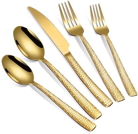 Remoxye 40-Piece Silverware Set, Gold Hammered Stainless Steel Flatware Sets for 8, Food-Grade Tableware Set, Including Fork Knife Spoon Set, Durable Home Kitchen Cutlery Sets, Dishwasher Safe, RX357 by Remoxye