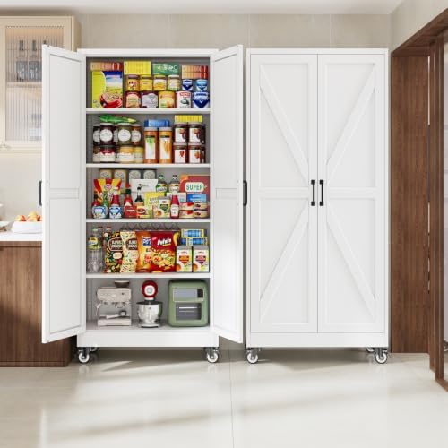 Letaya Metal Garage Storage Cabinet with Wheels,72”H White Kitchen Pantry - Image 5