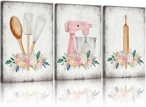 Doqueodas 3pcs Farmhouse Pink Floral Baking Theme Canvas Wall Art 16x24inch by Unknown