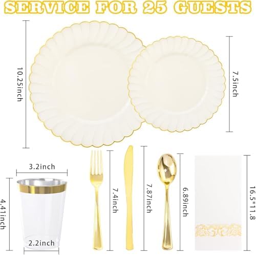 YOUBET 175PCS Ivory Scalloped Plastic Plates for Party Wedding - Image 2