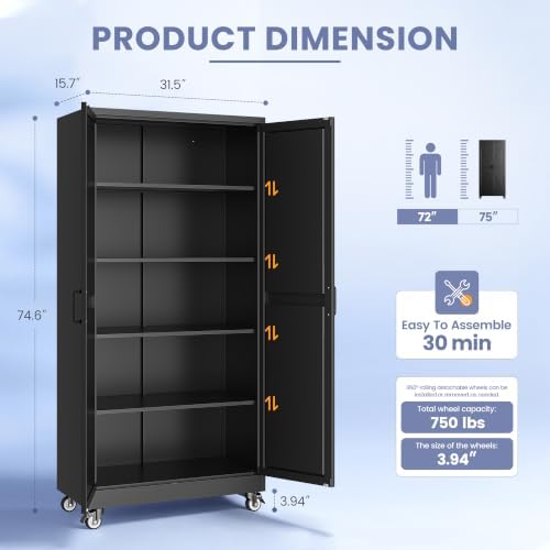 75"Metal Garage Storage Cabinets with Wheels & Adjustable 4 Shelves - Image 3