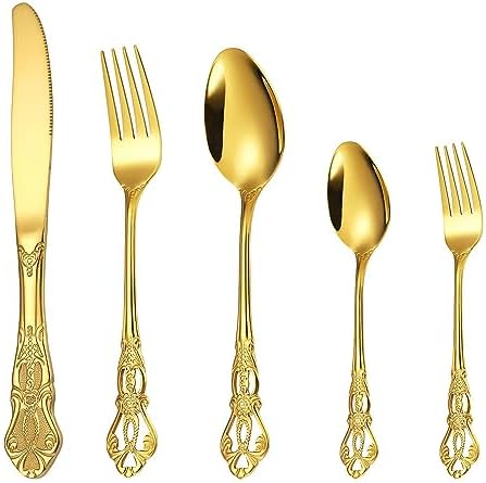 Gold Silverware Set for 2, MIKIWAY 10 Pieces Stainless Steel Flatware Set, Cutlery Tableware Set, Kitchen Utensils Set Include Spoons And Forks Set, Mirror Polished, Dishwasher Safe by MIKIWAY