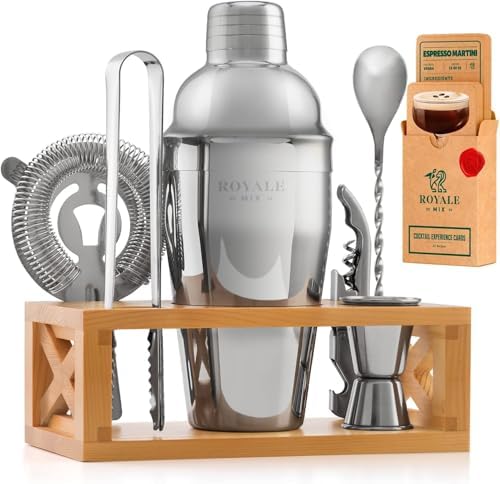 Mixology Bartender Kit with Stand | Home Bar Set with 25 Cocktail Recipes for Drink Mixing | Ideal Bartending Kit for Housewarming Gift | Premium Martini Cocktail Shaker Set with Bar Tools Accessories by ROYALEMIX