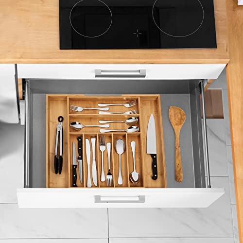 Purawood Bamboo Drawer Organizer, 2 Pack - Expandable Silverware Organizer & Utensil Organizer, Cutlery Tray with Dividers, 7-9 Slots- Premium Kitchen Organizer for Utensils & Flatware (Natural) - Image 5