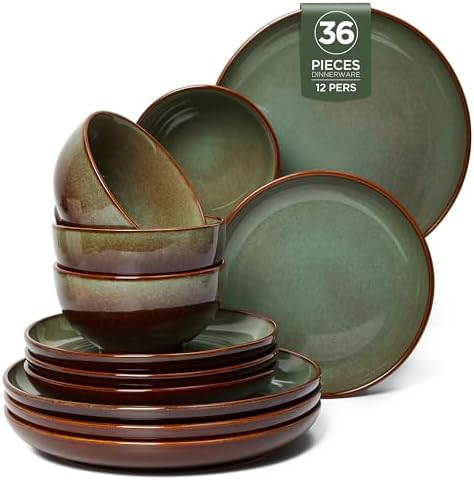 Pokini Stoneware Dinnerware Sets for 12, 36pcs Plates and Bowls Sets Dishes by Pokini