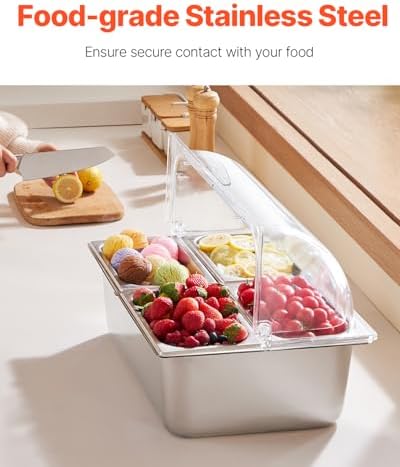 VEVOR Countertop Food Serving Display Container, 4 Pan Stainless Steel Food Serving Tray, Buffet Condiment Dispenser Display Rack with Clear Lid & 3 Freezer Boxes, for Restaurant Hotel Kitchen Party - Image 2