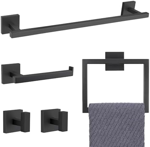 YACVCL Black Towel Bar Set 5-Piece Bathroom Hardware Accessories Set,SUS304 Stainless Steel Towel Rack Set,23.6 Inch Towel Bar,Toilet Paper Holder,Towel Ring and Towel Hooks,Wall Mounted by YACVCL