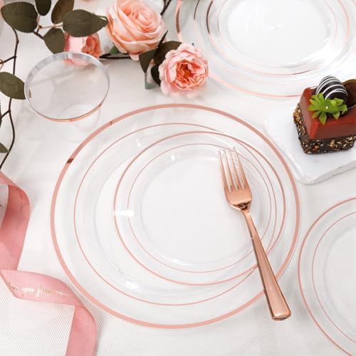 bUCLA 600PCS Clear Rose Gold Plastic Dinnerware Set Disposable - Include 100 Dinner Plates, 100 Dessert Plates, 100 Knives, 100 Forks, 100 Spoons, 100 Cups for Party & Wedding - Image 7