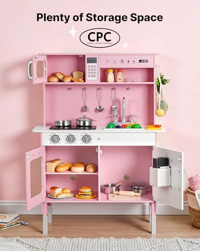 VEVOR Play Kitchen for Kids, Wooden Kids Kitchen Playset with Real Lights & Sounds, Food & Cookware, Pretend Play Toy Set, Microwave, Oven, Clicking Knobs, for Toddlers, Girls & Boys Ages 3-8, Pink - Image 6