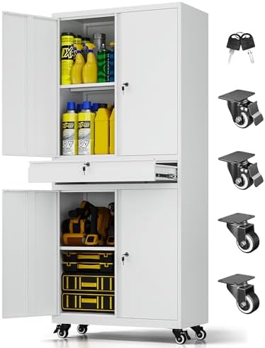73" Metal Garage Storage Cabinet with Wheels， Rolling Tool Storage with Locking Doors， Adjustable Shelves and Drawer, Heavy Duty Steel Tool Cabinet for Garage, Warehouse, School(White) by LISSIMO