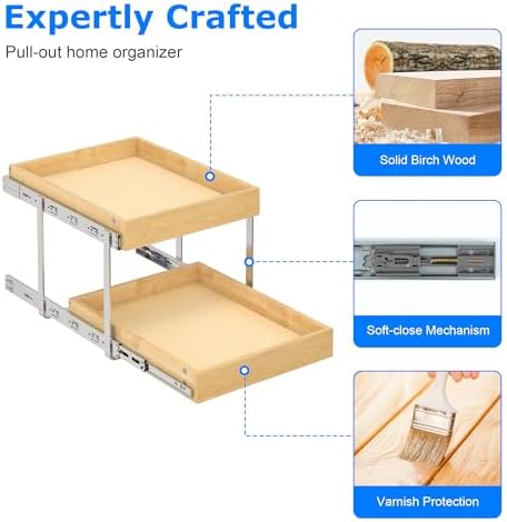 WelFurGeer 2-Tier Pull Out Cabinet Organizer with Soft Close Slides, Heavy-Duty Pull Out Drawers for Cabinets, Slide Out Shelf for Kitchen, Bathroom, Pantry & Under Sink, Solid Birch Wood - Image 4