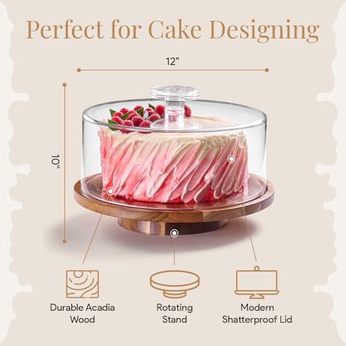 HOMESPHERE Rotating Cake Stand With Lid - 12 Inch Round Cake Holder with Cover, 4” Tall, Acacia Wood Spinning Cake Turntable for Decorating, Display and Serving Platter, Acrylic Cake Dome, No Glass - Image 2