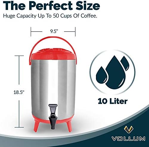 Vollum Stainless Steel Insulated Beverage Dispenser – Insulated Thermal Hot and Cold Coffee Carafe – 8 Liter Drink Dispenser with Spigot for Hot Water, Tea & Coffee, Cold Milk, Juice & More RED - Image 4
