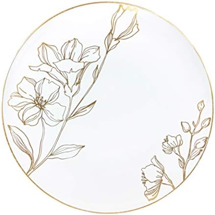 [9'' Plates 10 Count] White Plastic Floral Design Party Dinner Plates With Gold Rim Premium heavyweight Elegant Disposable Tableware Dishes by PLASTICPRO