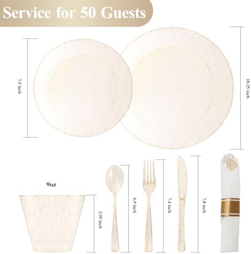 realluck 350 Piece Gold Glitter Plastic Dinnerware Set for 50 Guests, Disposable Plates for Party, Include: 50 Dinner Plates, 50 Dessert Plates, 50 Rolled Napkins with Silverware, 50 Cups - Image 2