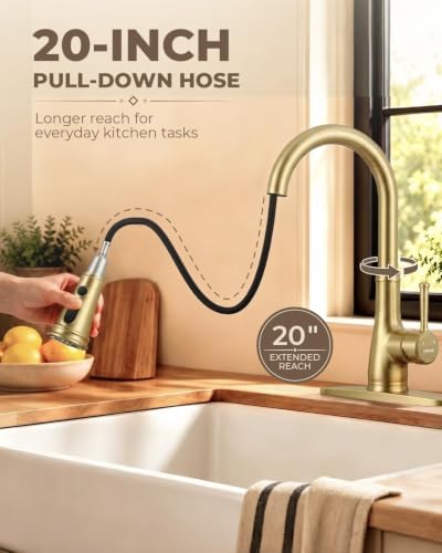 WEWE Brushed Gold Kitchen Faucet with Pull Down Sprayer, Champagne Bronze Copper Single Handle Single Hole Kitchen Sink Faucet - Image 2