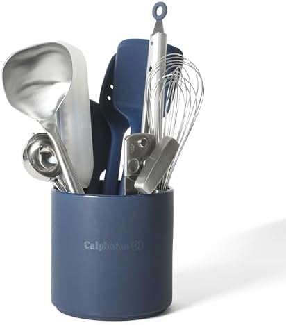 Calphalon Edge 10-Piece Kitchen Utensil Set with Crock, Stainless Steel and Silicone Cooking Tools, Nonstick-Safe Utensils with Comfortable Handles, Navy Blue by Calphalon