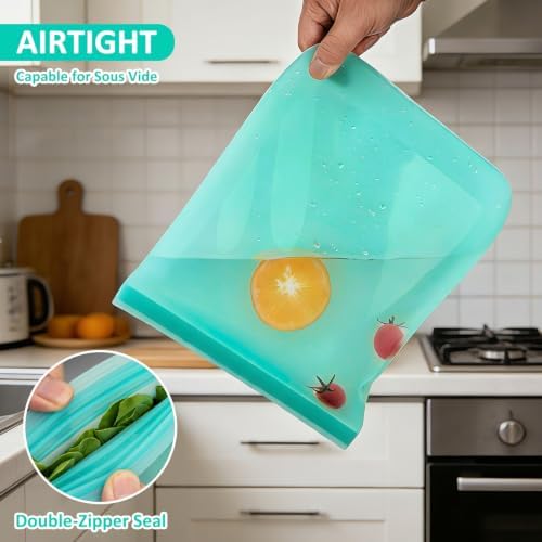 100% Silicone Reusable Gallon Freezer Bags, Ziplock, BPA Free, 4 Pack, Aqua - Image 7