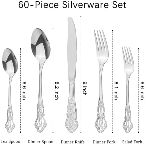 Retro Royal Silverware Set With Gift Box, 60-Pieces Cutlery Set Utensils Stainless Steel Flatware For 12 MIKIWAY Kitchen Tableware Set For Gifts Festive, Dishwasher Safe, Mirror Polishing - Image 2