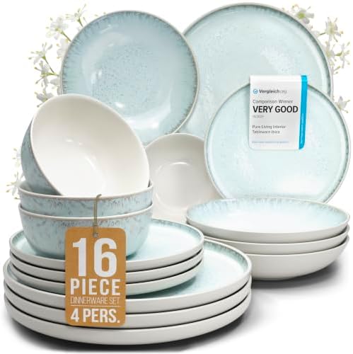 16 Piece Stoneware Dinnerware Set for 4, Handcrafted Plates and Bowls Set by PURELIVING