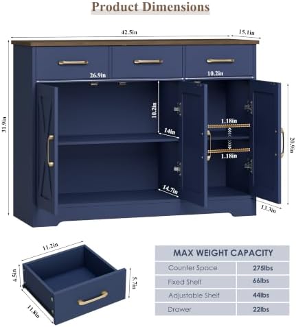 HOSTACK Kitchen Buffet Cabinet with Storage, Sideboard Coffee Bar, Blue - Image 3
