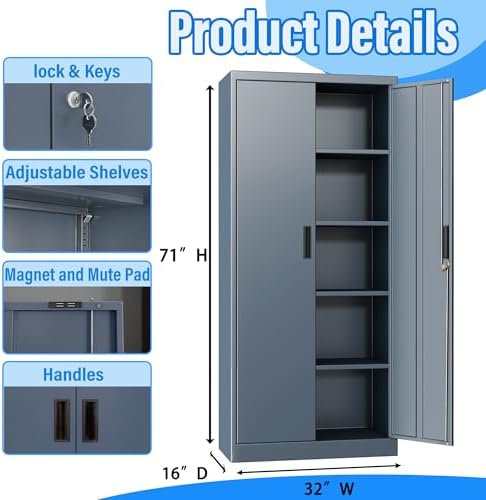 BESFUR Metal Storage Cabinet, 71" H Steel Locking Storage Cabinet with 2 Doors and 4 Shelves for Garage, Office, Classroom - Image 3