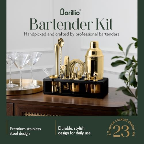 Barillio Gold Bartender Kit - Stainless-Steel Cocktail Shaker Set w/Black Bamboo Stand - Mixology Bar Tools w/Drink Shaker, Mixer, and Muddler for Cocktails - Home Bar Accessories - 23-Pc Bar Set - Image 2