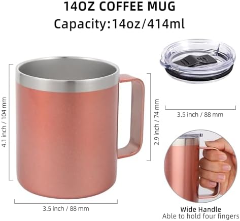 Volhoply 14oz Insulated Stainless Steel Coffee Mug with Lid Bulk 4 Pack,Double Wall Vacuum Travel Coffee Cup with Handle,Reusable Metal Cups Tumbler Cup,Camping Mugs,Ideal Gifts(Mix,4) - Image 2