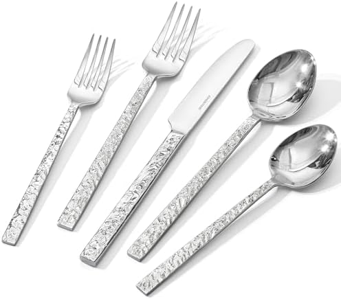 60 Pcs Hammered Silverware Set for 12, 18/10 Stainless Steel Flatware by KINGSTONE