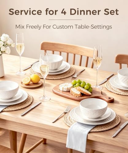 Embossed Ceramic Dinnerware Set for 4, 12-Piece White Plates and Bowls Set, Modern Farmhouse Tableware with 10" & 8" Plates, 26 oz Bowls, Microwave, Oven & Dishwasher Safe - Image 5