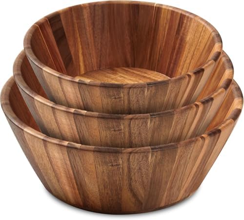 Wooden Salad Bowl Set of 3, Round 12" 10" 8" Wood Bowls for Serving Food by Woodenhouse