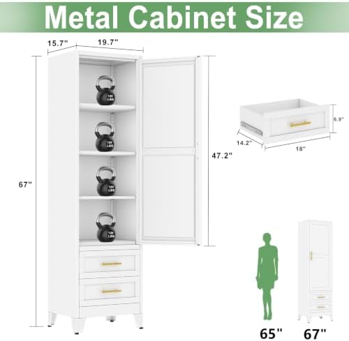 Ckzbx Tall Narrow Storage Cabinet, 66.93" H Tall Bathroom Cabinet Metal Pantry Cabinets with Drawers, 3 Adjustable Shelves, for Kitchen, Bathroom, Home Office, Living Room (White) - Image 3
