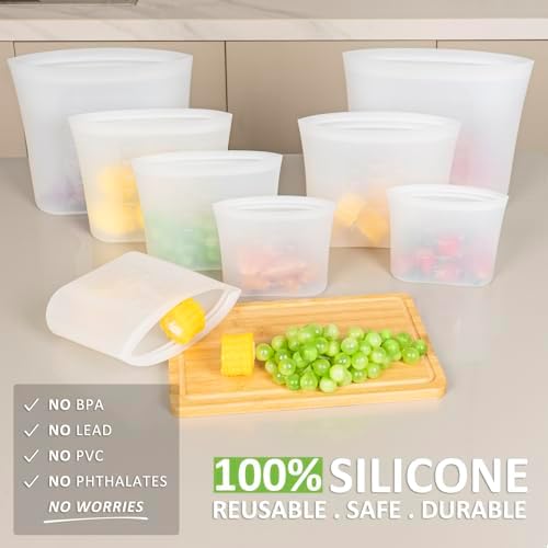100% Silicone Reusable Storage Bag, 12 Pack Stand-Up Wide-Mouth Zip-Lock Food Storage Bags, Easy-Fill Easy-Open Easy-Clean Space-Saving, Microwave & Dishwasher Safe, Gallon/Sandwich/Snack, Translucent - Image 2