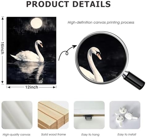 Doqueodas Vintage White Swan on Black Background Canvas Wall Art12x16 inch - Image 4