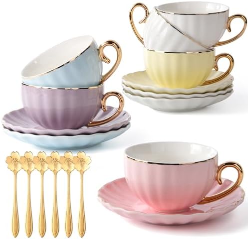 ICHAG Bone China Pumpkin Cup & Saucer Set of 6, 5 colors,8oz, Real Gold Trim on Cup Rim & Handle, Dual-Purpose for Coffee & Tea, Luxury Elegant Tea Cups with 6 Matching Spoons by ICHAG