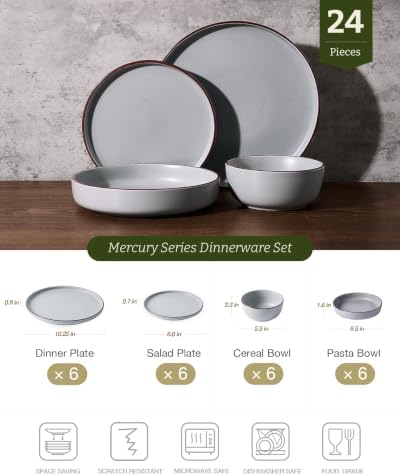 Famiware Mercury 24-Piece Dinnerware Set with Pasta Bowls,Light Grey - Image 2