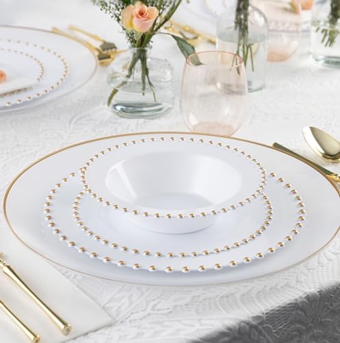 PLASTICPRO 32 Piece Plastic Dinner Plates Bowls Disposable Plastic Fancy Heavy Duty Party Dishes 12 oz White and Gold Bead Bowls - Image 2