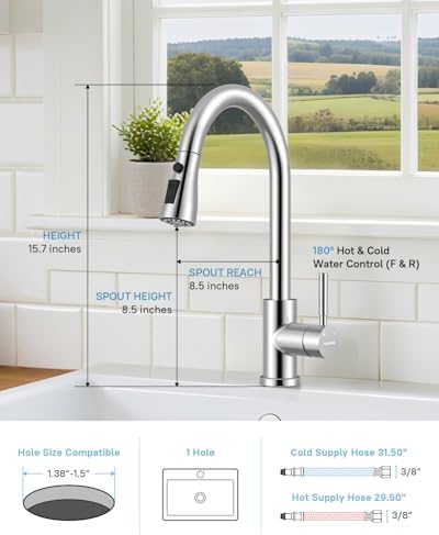 WEWE Pull-Down Kitchen Faucet with Soap Dispenser Set, Polished Chrome - Image 2