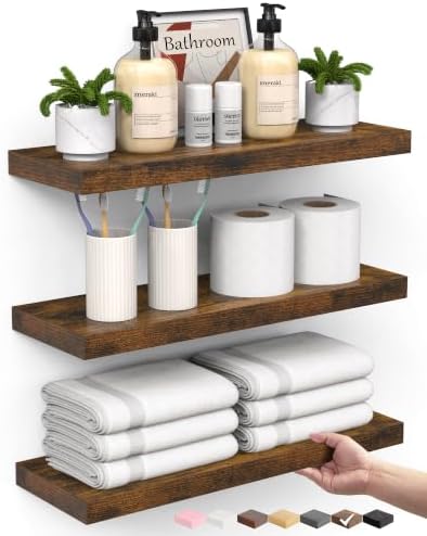 BAYKA Rustic Brown Bathroom Floating Shelves, 15.7in, 3Pk, Wall Mount Shelf by Bayka