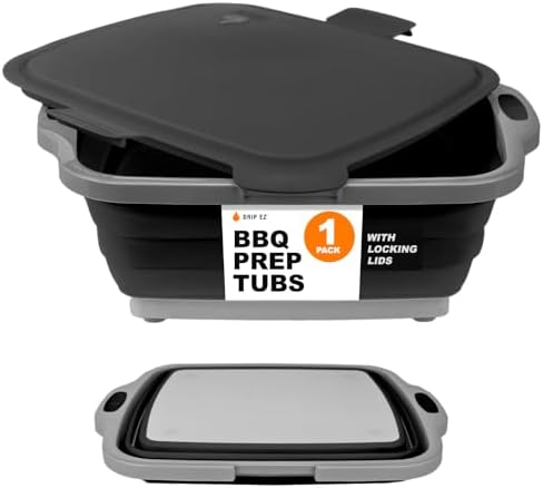 Drip EZ Collapsible BBQ Prep Tub - for Meal Prep Marinating Food Storage - Includes Cutting Board & Locking Lid - (1) JR - Black by DripEZ