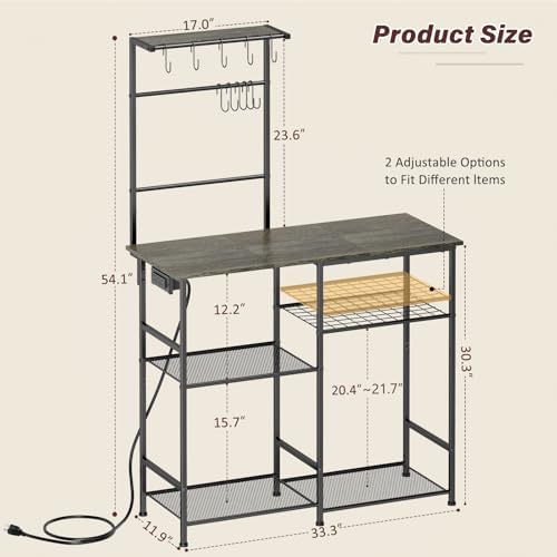 3IngSeagulls Bakers Rack with Power Outlet, Kitchen Microwave Stand with 10 S-shaped Hooks, 6-Tier Coffee Bar Station, Kitchen Storage Shelf Rack for Spices, Pots, Gray - Image 2