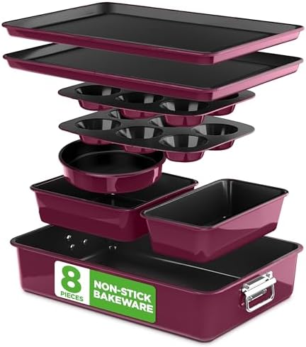 NutriChef 8-Piece Nonstick Stackable Bakeware Set - PFOA, PFOS, PTFE Free Baking Pan Set w/Non-Stick Coating, 450°F Oven Safe, Round Cake, Loaf, Muffin, Wide/Square Pans, Cookie Sheet (Plum) by NutriChef%E2%84%A2Kitchen