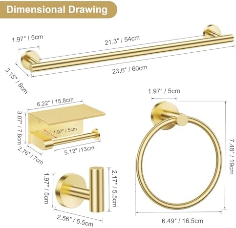 Lairuier Bathroom Hardware Set Brushed Gold, Towel Holder Set Wall Mounted - Image 7