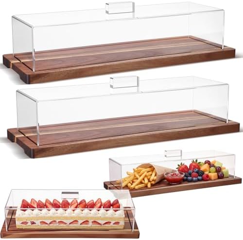 Mifoci 2 Pack Acacia Wood Cake Stand Serving Tray with Acrylic Lid, 15 x 6 x 4 Inches Charcuterie Table Display Set, Dessert Serving Tray Set for Bakery, Buffet, Home Party & Restaurant by Mifoci