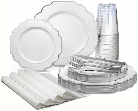" OCCASIONS " 640 Piece set (80 Guests)-Heavyweight Wedding Party Disposable Plastic Plate Set - 80 x 10.5'' + 80 x 8'' + Silverware + 12oz Cups + Napkins (Imperial in White & Silver Rim) by OCCASIONSFINESTPLASTICTABLEWARE