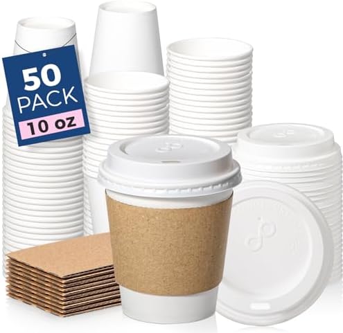 Fit Meal Prep 50 Pack 10 oz Disposable Coffee Cups with Lids, Sleeves, Leak-Proof To Go Coffee Cups with Lids, Durable Hot Paper Cups for Home, Office, Party, Business by FMPBRANDS