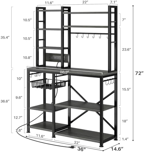 SNTD 6-Tier Bakers Rack with Power Outlets, 36 x 14.6 x 72 in, Rustic Grey - Image 3