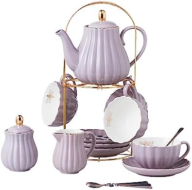 CLAY TONIC-8 OZ Porcelain Purple Coffee/Teacup and Saucer Set with Holder by CLAY+TONIC